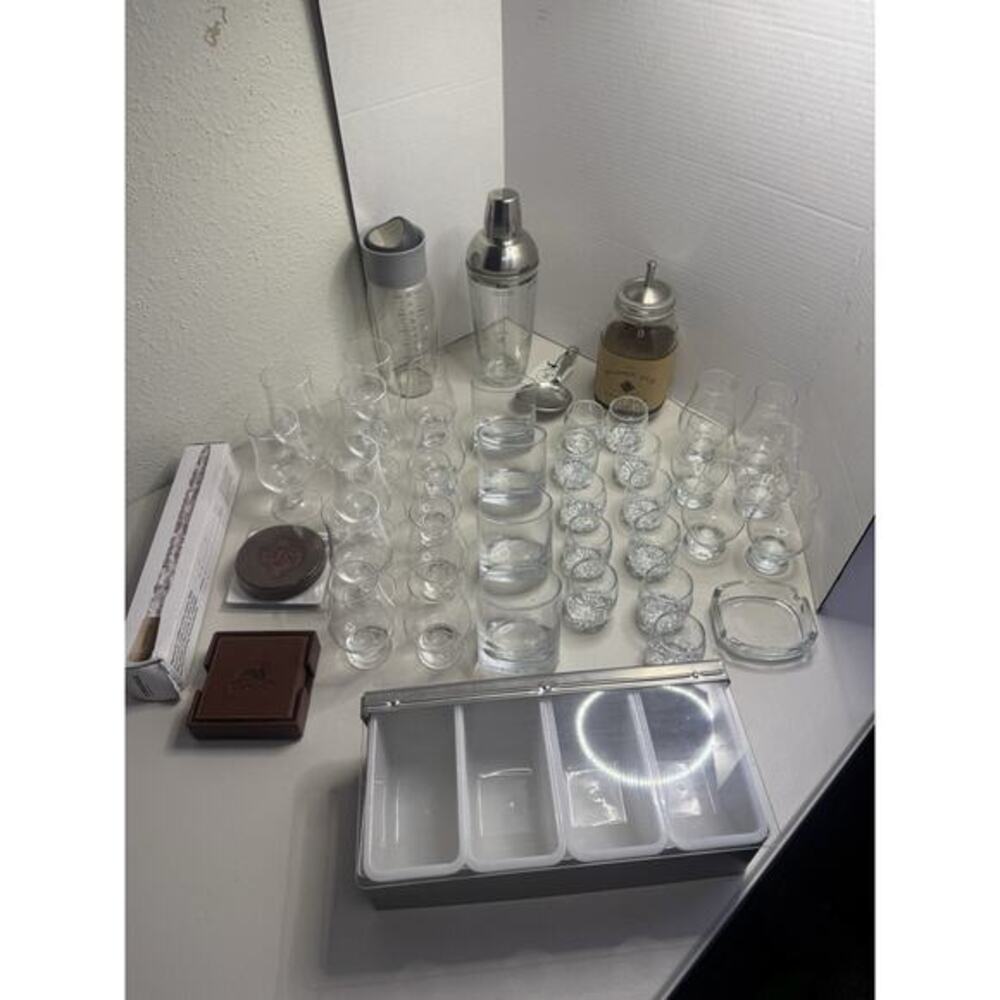 Complete Home Bar Kit: Vintage Glass Cocktail Shaker, Rocks & Taster Glasses,